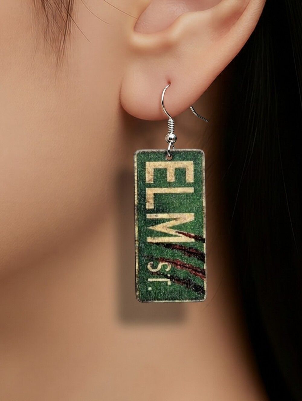 Elm Street Sign Earrings Nightmare Movie Themed Wooden Square Pierced Jewelry